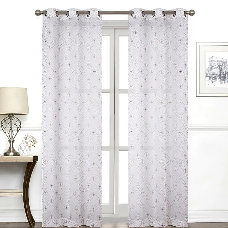Regal Home Perth Geometric Embroidery Grommet Top Sheer Set of 2 Curtain Panel