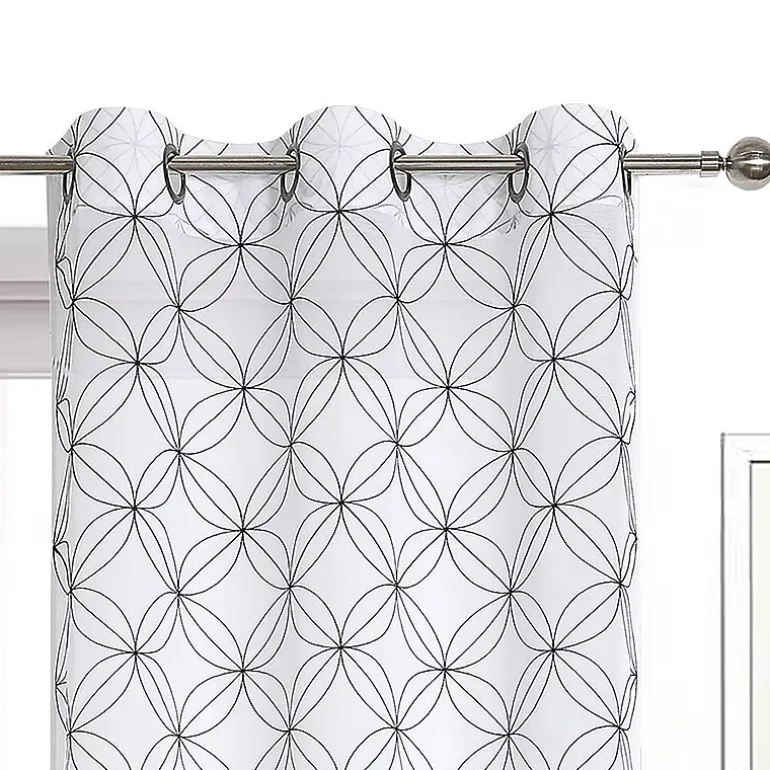 Regal Home Perth Geometric Embroidery Grommet Top Sheer Set of 2 Curtain Panel