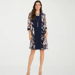 R & M Richards Womens Floral Jacket Dress With Removable Necklace