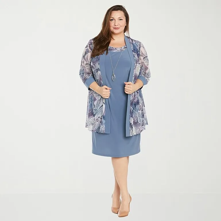 R & M Richards Womens Plus Leaf Jacket Dress With Removable Necklace