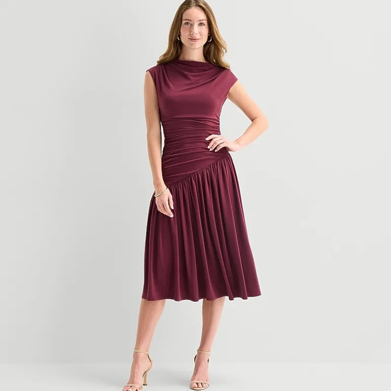Robbie Bee Womens Boat Neck Short Sleeve Fit + Flare Dress