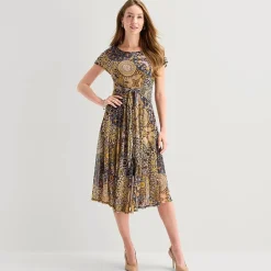 Robbie Bee Womens Midi Round Neck Short Sleeve Medallion Fit + Flare Dress