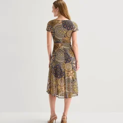 Robbie Bee Womens Midi Round Neck Short Sleeve Medallion Fit + Flare Dress
