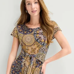 Robbie Bee Womens Midi Round Neck Short Sleeve Medallion Fit + Flare Dress