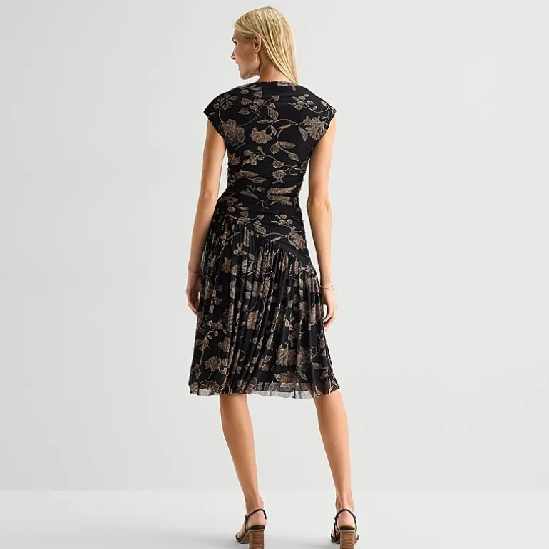 Robbie Bee Womens Petite Midi Round Neck Sleeveless Floral Fit + Flare Dress