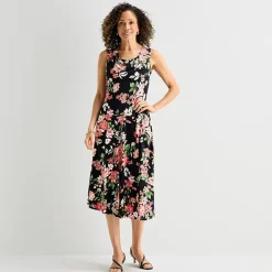 Robbie Bee Womens Petite Midi Cowl Neck Sleeveless Floral Fit + Flare Dress