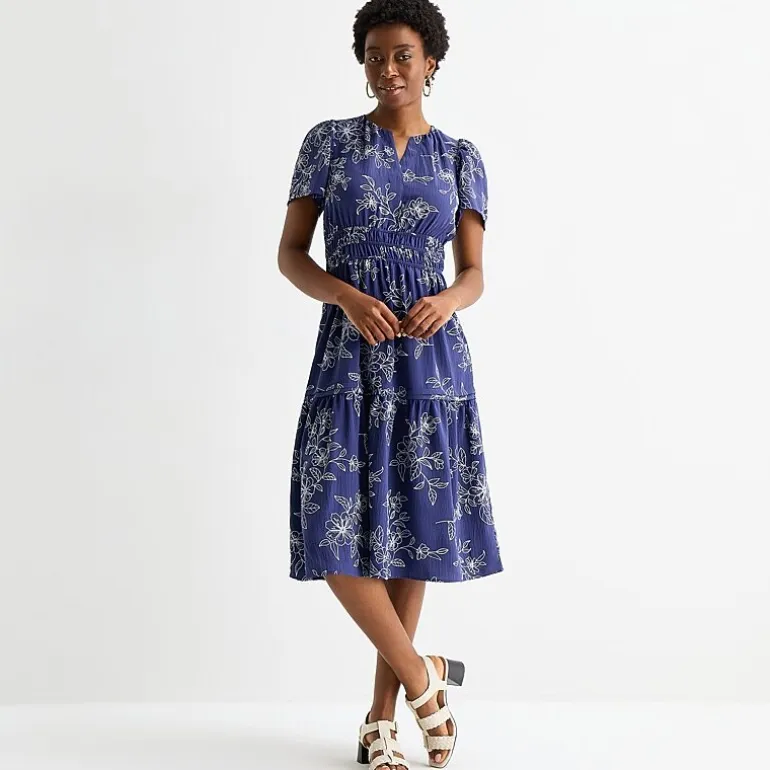 Robbie Bee Womens Petite Midi Split Crew Neck Short Sleeve Puffed Floral Fit + Flare Dress