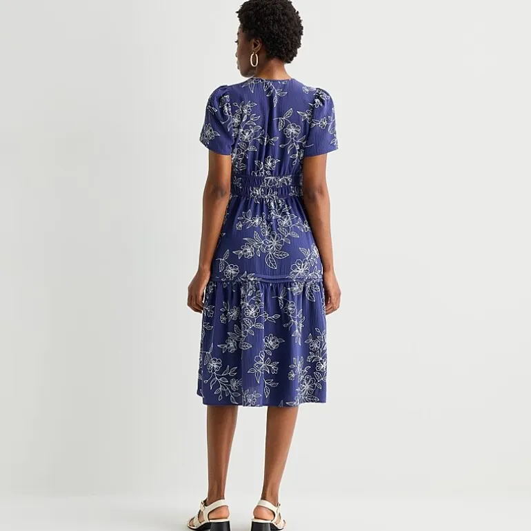 Robbie Bee Womens Petite Midi Split Crew Neck Short Sleeve Puffed Floral Fit + Flare Dress