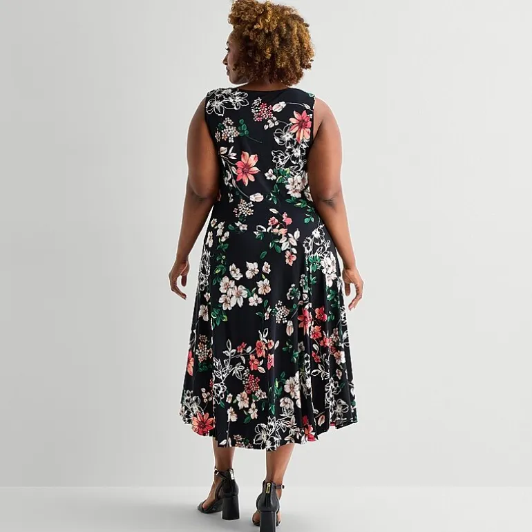 Robbie Bee Womens Plus Midi Crew Neck Sleeveless Floral Fit + Flare Dress