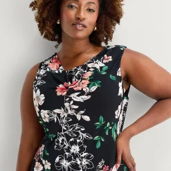 Robbie Bee Womens Plus Midi Crew Neck Sleeveless Floral Fit + Flare Dress
