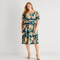 Robbie Bee Womens Plus Midi Square Neck Short Sleeve Puffed Floral Fit + Flare Dress