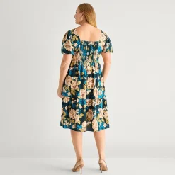 Robbie Bee Womens Plus Midi Square Neck Short Sleeve Puffed Floral Fit + Flare Dress