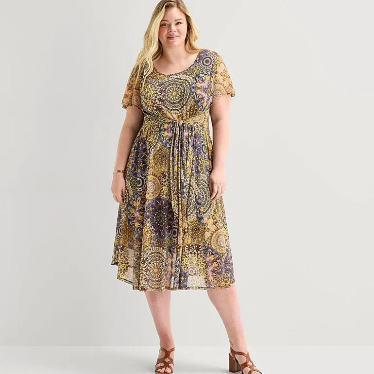 Robbie Bee Womens Plus Round Neck Sleeveless Dolman Medallion Fit + Flare Dress