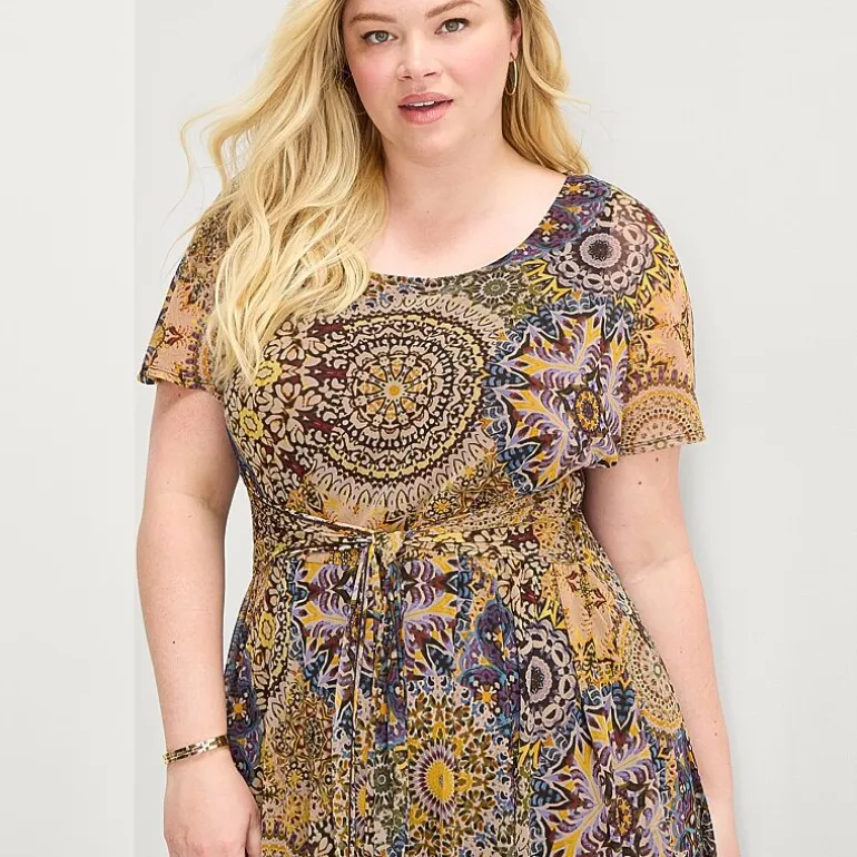 Robbie Bee Womens Plus Round Neck Sleeveless Dolman Medallion Fit + Flare Dress