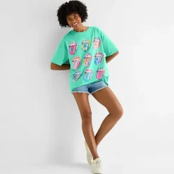 Rolling Stones Oversized Tee Womens Juniors Crew Neck Short Sleeve Regular Fit Graphic T-Shirt