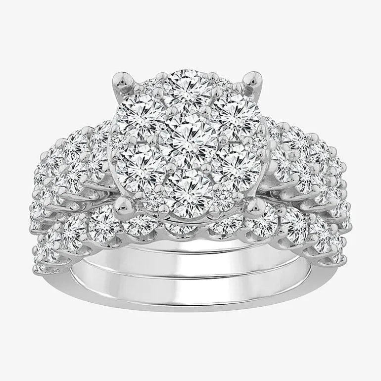 Round 4 CT.T.W. Natural Diamond Side Stone Bridal Set in 10K or 14K White Gold