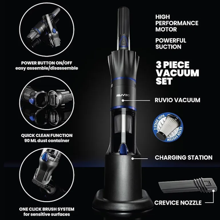 Ruvio Pro Cordless Rechargeable Hand Vacuum 17” Portable Vacuum Cleaner for Home and Car Use