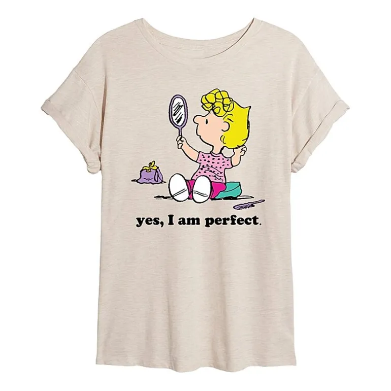 Sally Yes I'M Perfect Womens Juniors Crew Neck Short Sleeve Oversized Peanuts Graphic T-Shirt