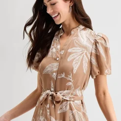 Sandra Darren Womens Midi Split Crew Neck Short Sleeve Puffed Floral Fit + Flare Dress