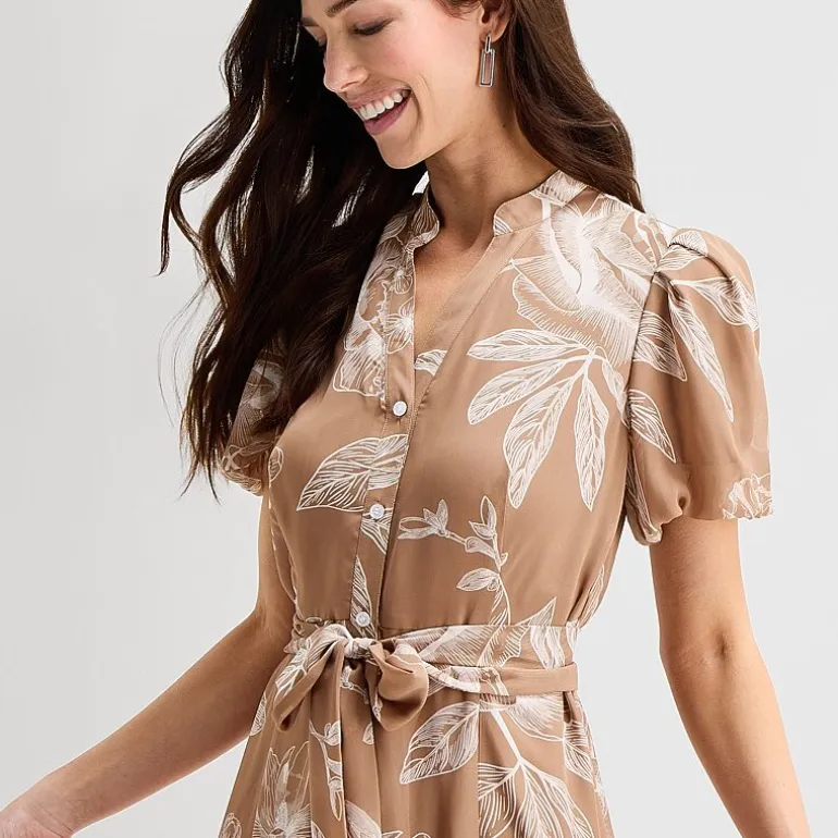 Sandra Darren Womens Midi Split Crew Neck Short Sleeve Puffed Floral Fit + Flare Dress