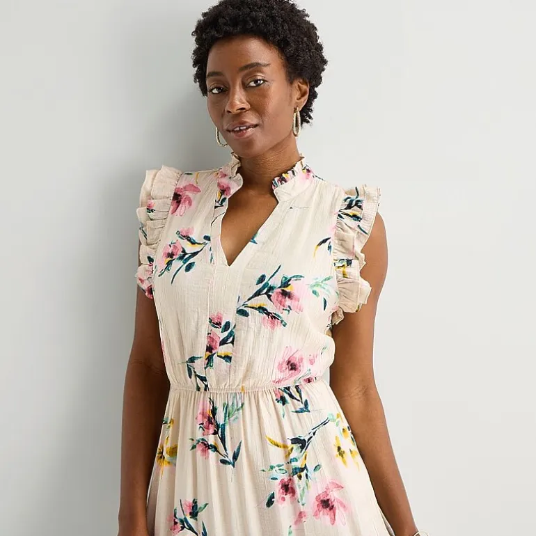 Sandra Darren Womens Notch Neck Sleeveless Ruffled Maxi Dress