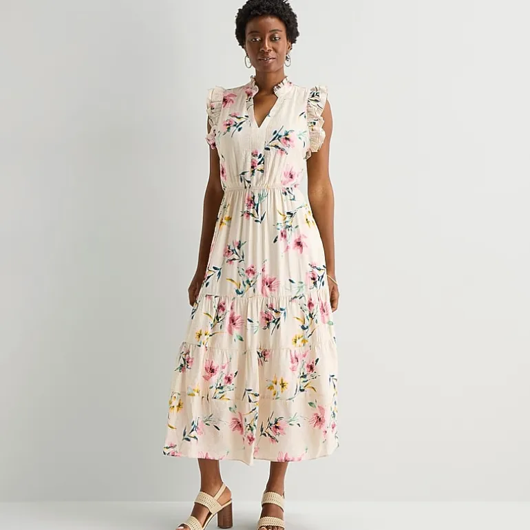 Sandra Darren Womens Notch Neck Sleeveless Ruffled Maxi Dress