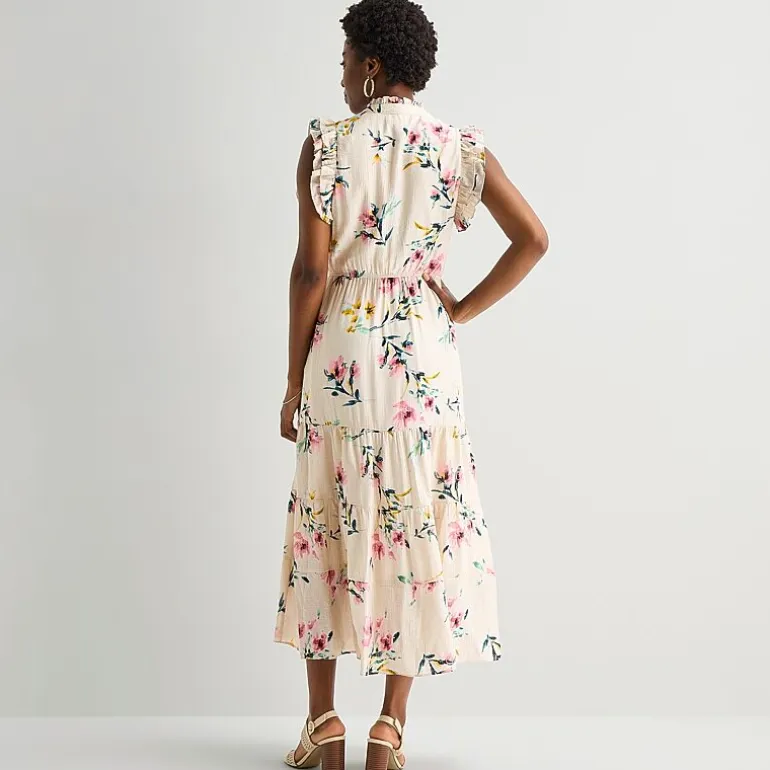 Sandra Darren Womens Notch Neck Sleeveless Ruffled Maxi Dress