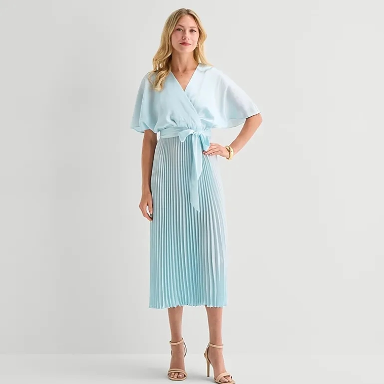 Sandra Darren Womens Petite V Neck Short Sleeve Flutter Maxi Dress