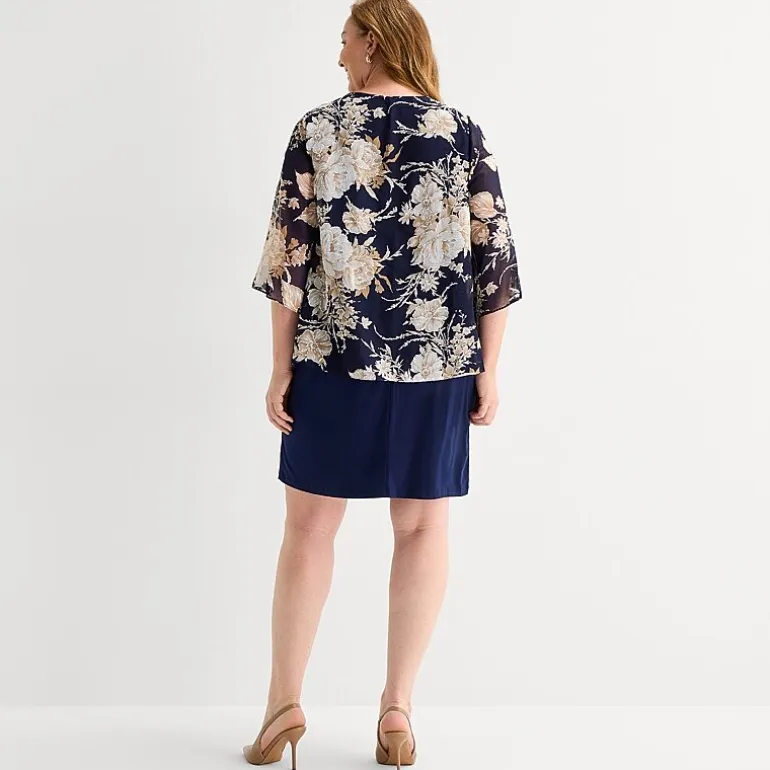 Sandra Darren Womens Plus Floral Faux-Jacket Dress With Removable Necklace