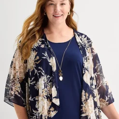 Sandra Darren Womens Plus Floral Faux-Jacket Dress With Removable Necklace