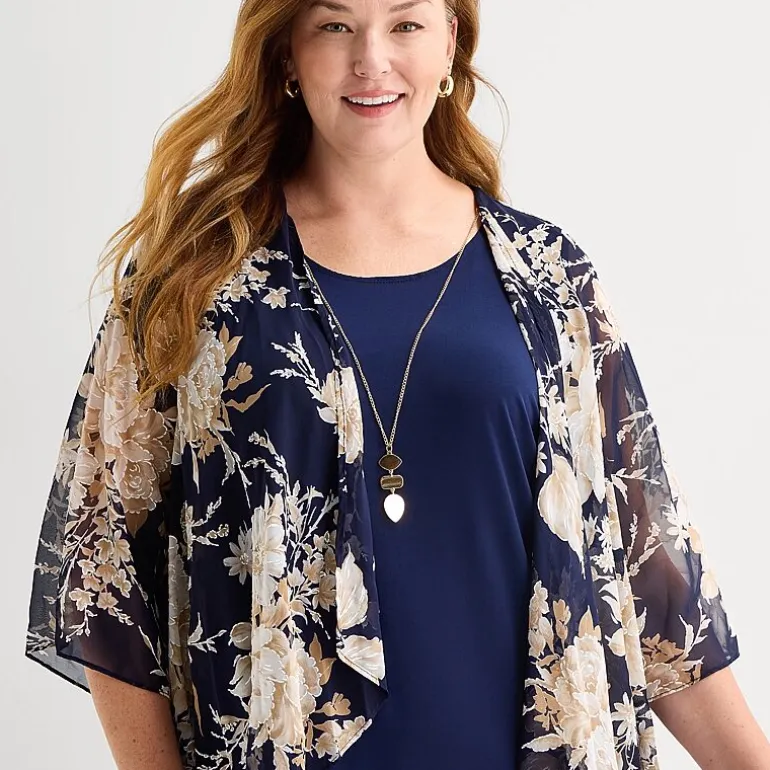 Sandra Darren Womens Plus Floral Faux-Jacket Dress With Removable Necklace