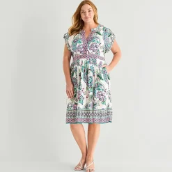 Sandra Darren Womens Plus Midi V Neck Sleeveless Cuffed Paisley Fit + Flare Dress