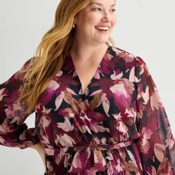 Sandra Darren Womens Plus Midi V Neck Long Sleeve Cap Floral Fit + Flare Dress