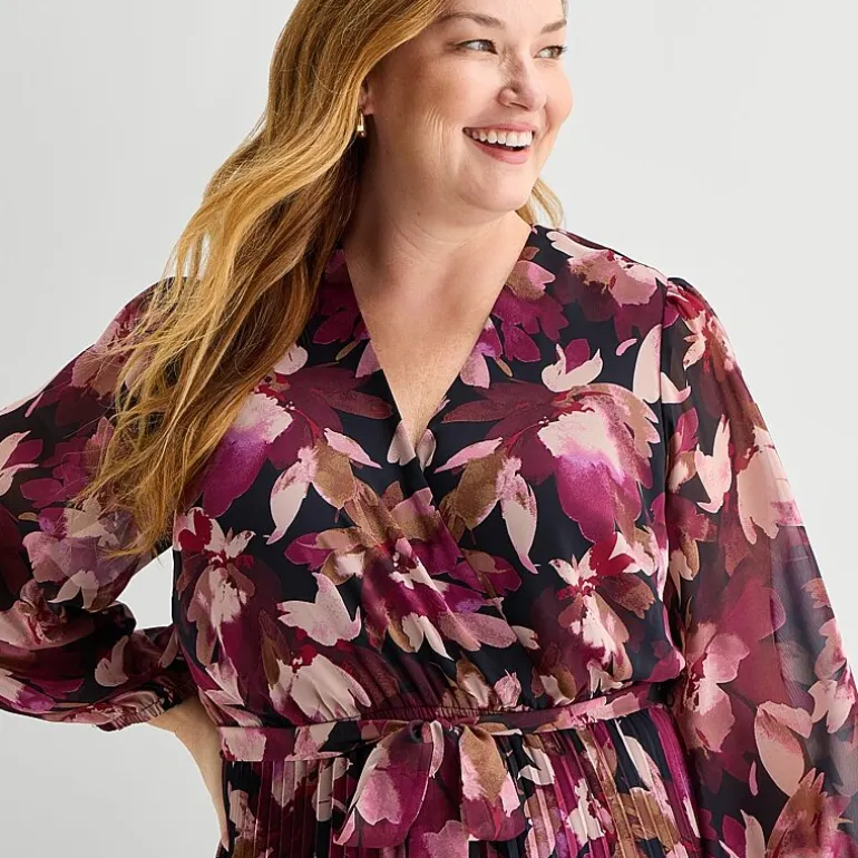 Sandra Darren Womens Plus Midi V Neck Long Sleeve Cap Floral Fit + Flare Dress