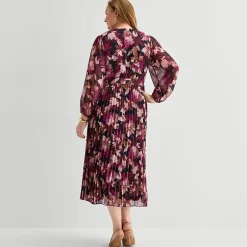 Sandra Darren Womens Plus Midi V Neck Long Sleeve Cap Floral Fit + Flare Dress