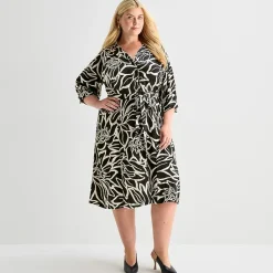 Sandra Darren Womens Plus Midi V Neck 3/4 Sleeve Cuffed Floral Fit + Flare Dress