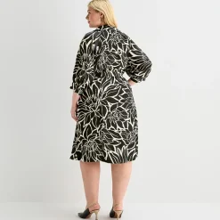 Sandra Darren Womens Plus Midi V Neck 3/4 Sleeve Cuffed Floral Fit + Flare Dress