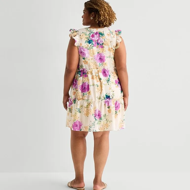 Sandra Darren Womens Plus V Neck Sleeveless Flutter Floral Fit + Flare Dress
