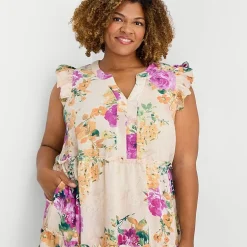 Sandra Darren Womens Plus V Neck Sleeveless Flutter Floral Fit + Flare Dress