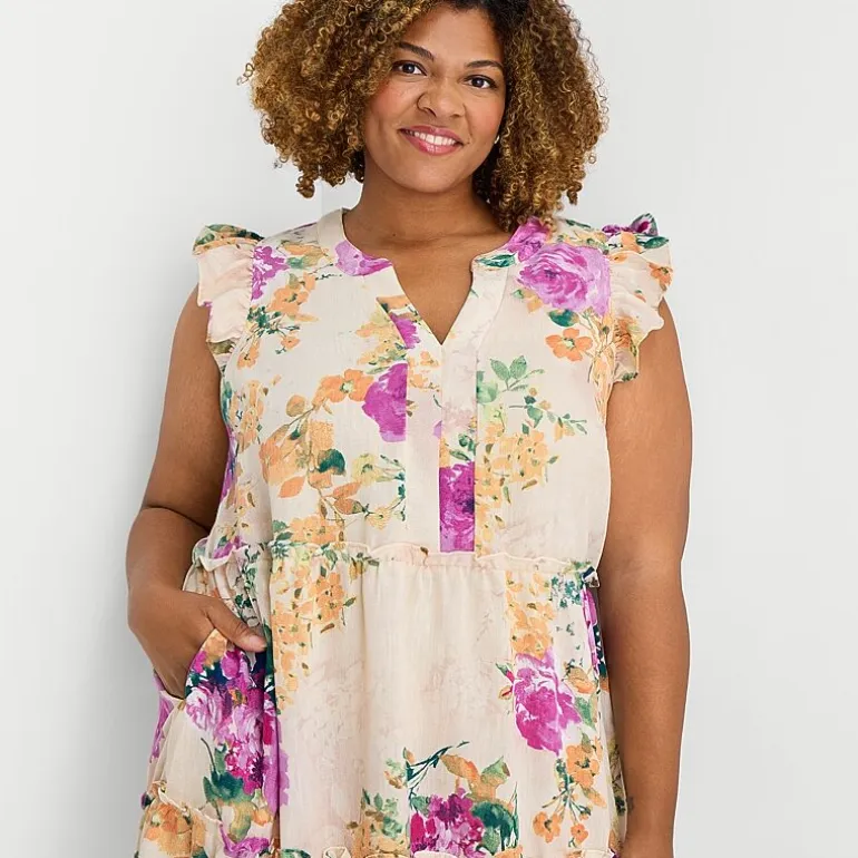 Sandra Darren Womens Plus V Neck Sleeveless Flutter Floral Fit + Flare Dress