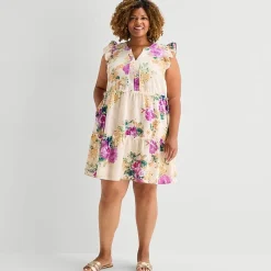 Sandra Darren Womens Plus V Neck Sleeveless Flutter Floral Fit + Flare Dress