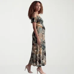 24seven Comfort Apparel Maternity Womens Maternity Square Neck Short Sleeve Paisley A-Line Dress
