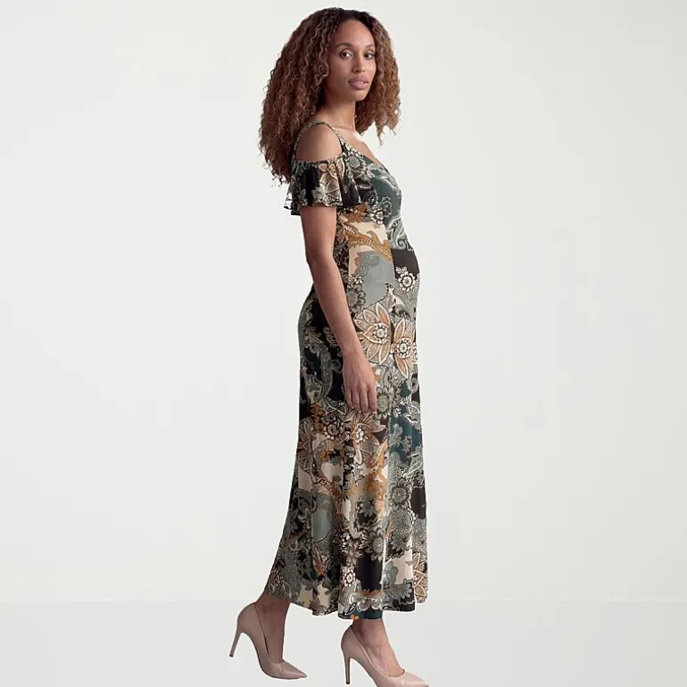 24seven Comfort Apparel Maternity Womens Maternity Square Neck Short Sleeve Paisley A-Line Dress