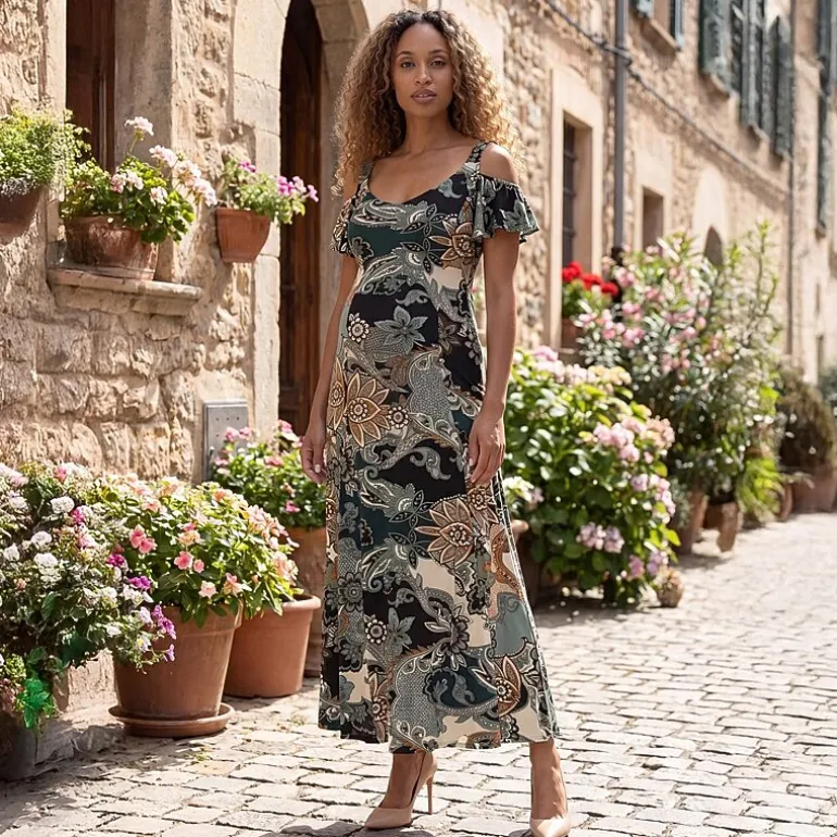 24seven Comfort Apparel Maternity Womens Maternity Square Neck Short Sleeve Paisley A-Line Dress
