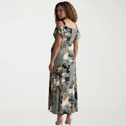 24seven Comfort Apparel Maternity Womens Maternity Square Neck Short Sleeve Paisley A-Line Dress