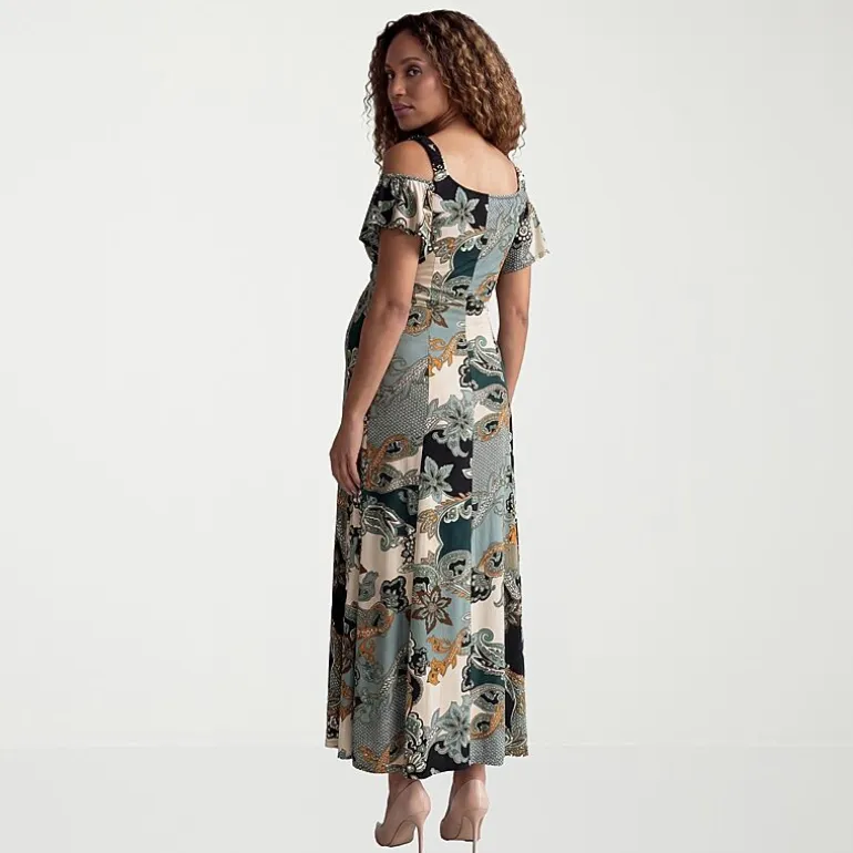 24seven Comfort Apparel Maternity Womens Maternity Square Neck Short Sleeve Paisley A-Line Dress