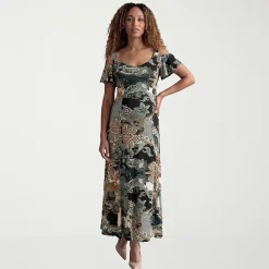 24seven Comfort Apparel Maternity Womens Maternity Square Neck Short Sleeve Paisley A-Line Dress