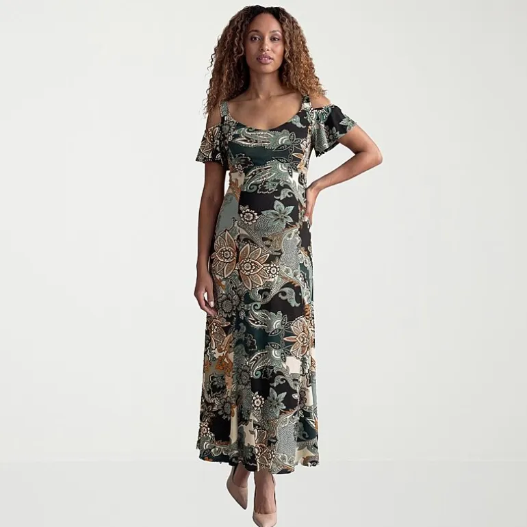 24seven Comfort Apparel Maternity Womens Maternity Square Neck Short Sleeve Paisley A-Line Dress
