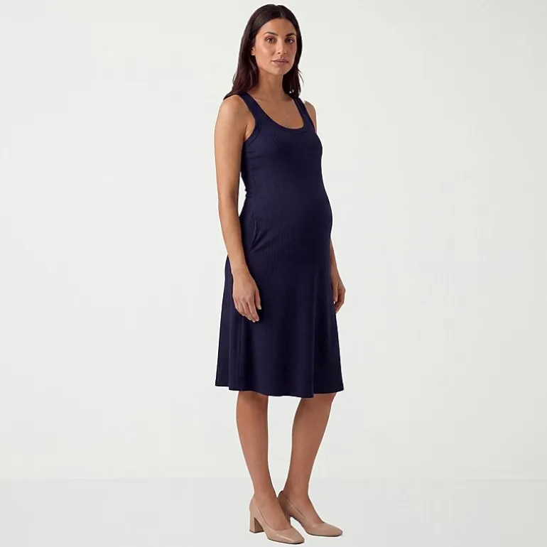 24seven Comfort Apparel Maternity Womens Maternity Midi Scoop Neck Sleeveless A-Line Dress