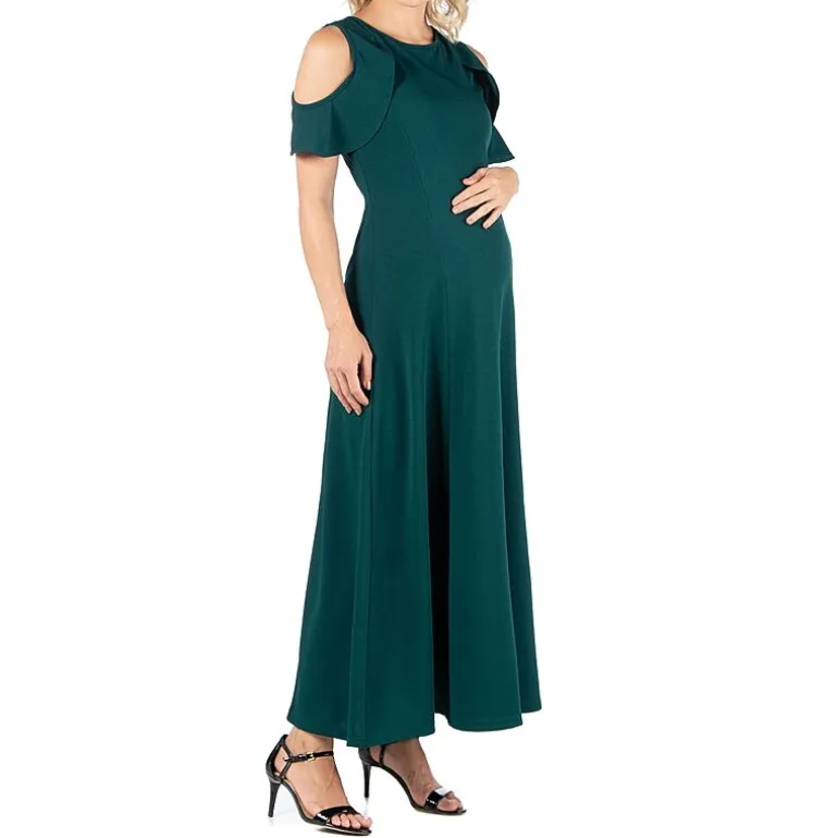 24seven Comfort Apparel Womens Maternity Crew Neck Short Sleeve Cold Shoulder Maxi Dress